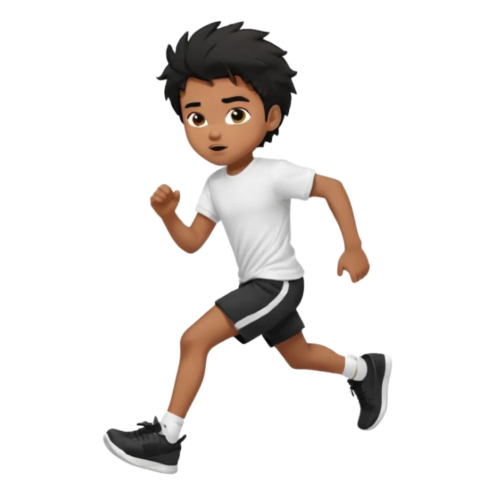 generate a pretty bratz brown skinned boy with black messy hair wearing a white tshirt and black running shorts. running on the street with white sneakers sticker