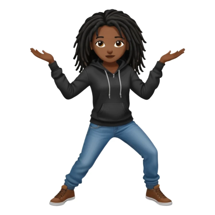 African American dark skin girl with black dreadlocks with brown tips wearing a plain black hoodie wearing denim jeans and shoes dancing in music video sticker