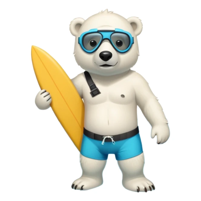 friendly anthropomorphised polar bear standing out of the pool, wearing surf board shorts and a scuba mask with snorkel sticker