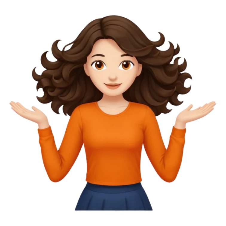 Long dark wavy hair women in orange top twirling around sticker