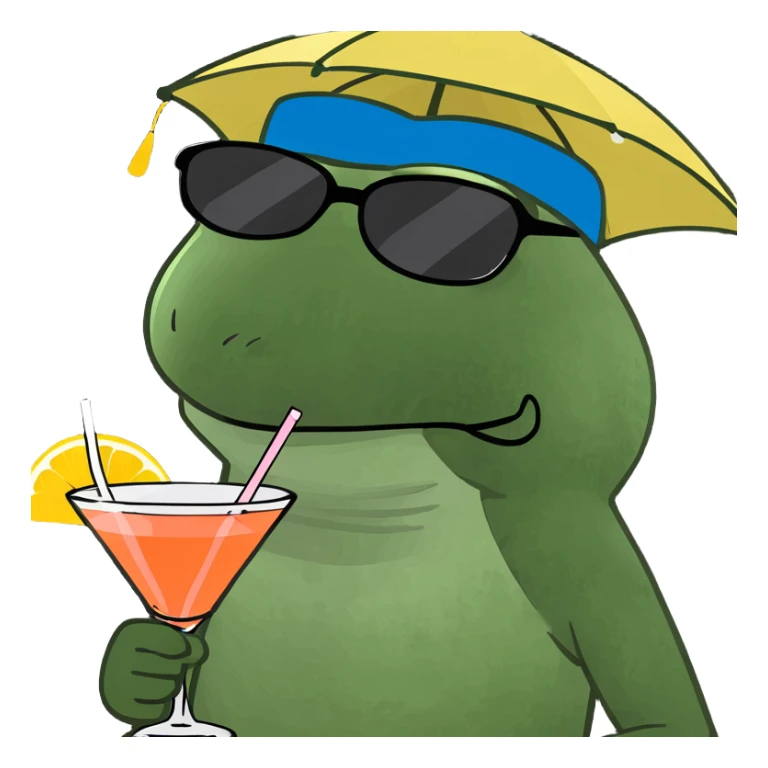 Make this frog look even more like the classic Bufo meme: green, wide-eyed, with the signature Bufo face, wearing a colorful umbrella hat, oversized sunglasses, and holding a pink cocktail with a straw, in bufo style, no background. sticker