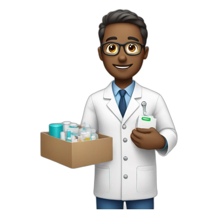 Pharmacist with a box of medics sticker