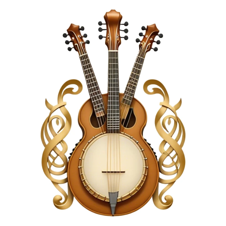 Design a sophisticated and festive emblem-like emoji representing plucked and stringed instruments. The layout should resemble a heraldic crest, featuring iconic instruments like a banjo, mandolin, domra, and sitar, artistically arranged in an elegant and symmetrical way. The necks of the instruments should be intertwined with a flowing ribbon of musical notes, winding around the strings and fretboards. The design should be detailed, showcasing the intricate carvings on the instruments, visible strings, and fret markers. Use a rich color palette with deep golds, browns, and vibrant accents to evoke a sense of luxury and celebration. The musical notes should appear to float around the instruments, connecting them in a graceful, dynamic way. Include ornate flourishes or decorative elements like laurels, swirls, or subtle engravings to give the image a professional, emblematic appearance. The background should be transparent. sticker