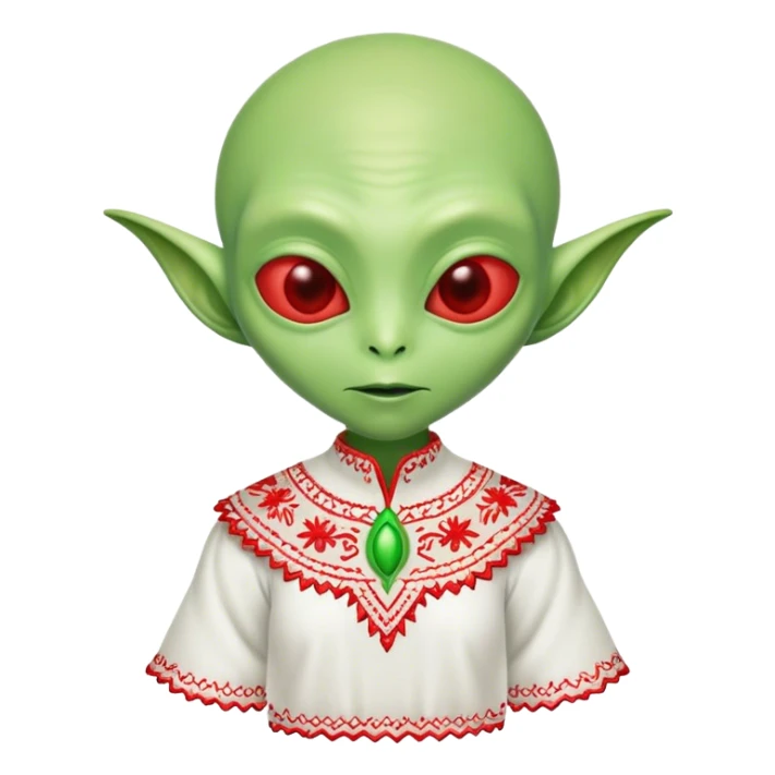 Green alien in Shirt 👚 vyshyvanka, white with red embodiary on sleeved sticker