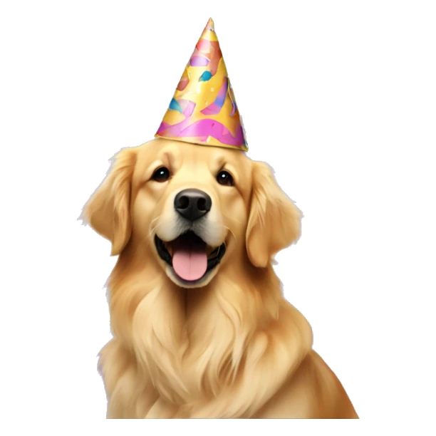 golden retriever with a party hat and birthday cake sticker