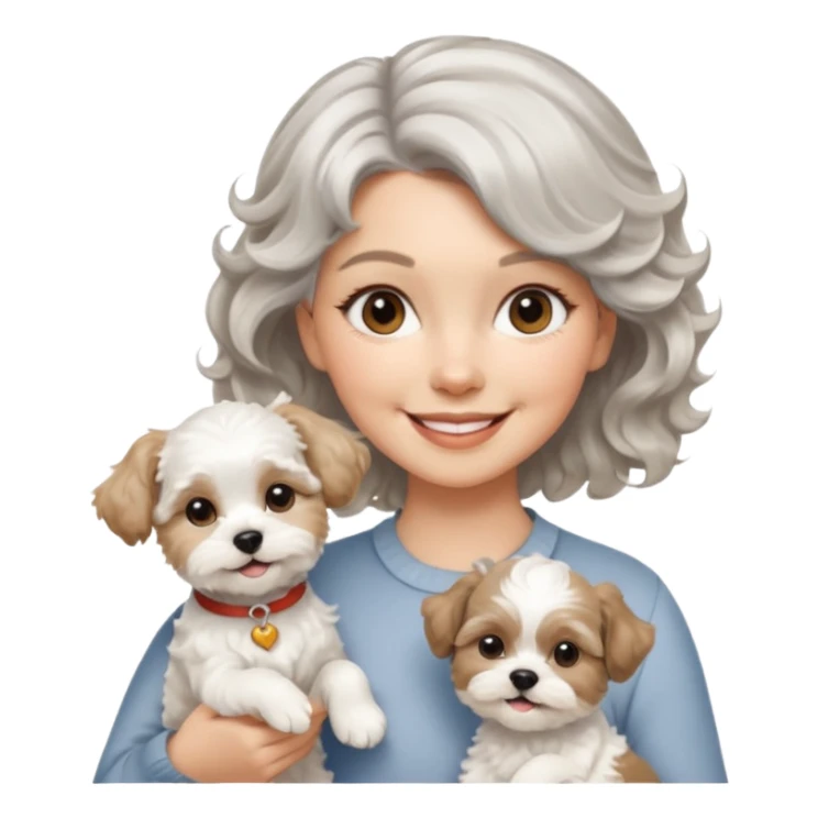 silver, short, wavy-haired with loose curls, smiling pretty lady holding a white terrier and a white/tan shih tzu dog sticker
