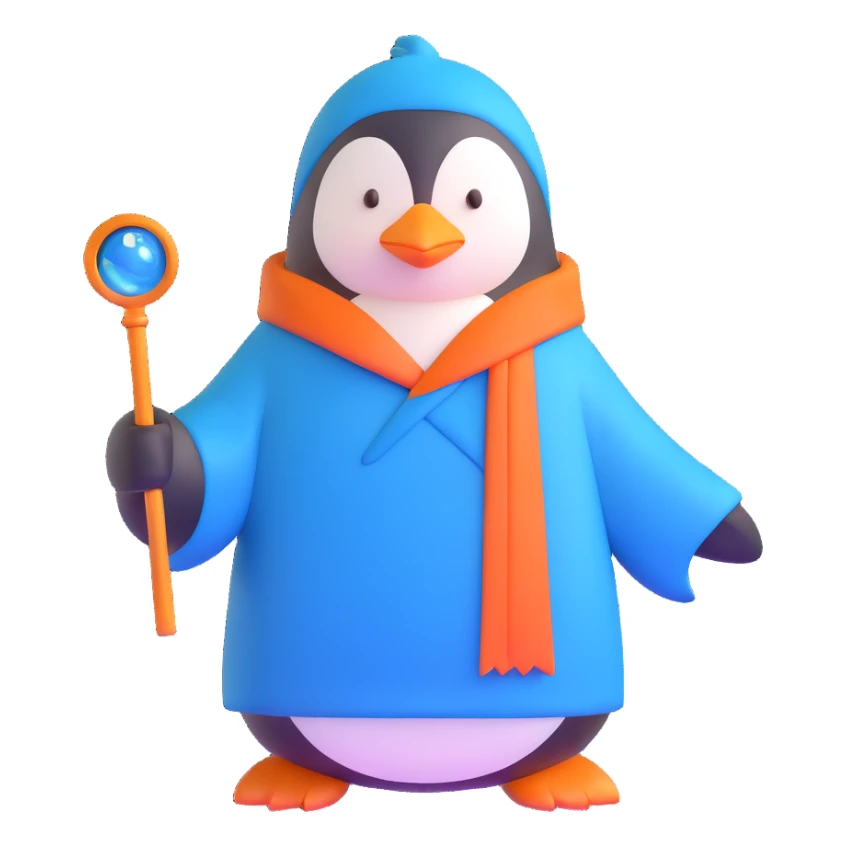 penguin wizard with a blue robe and magic wand sticker