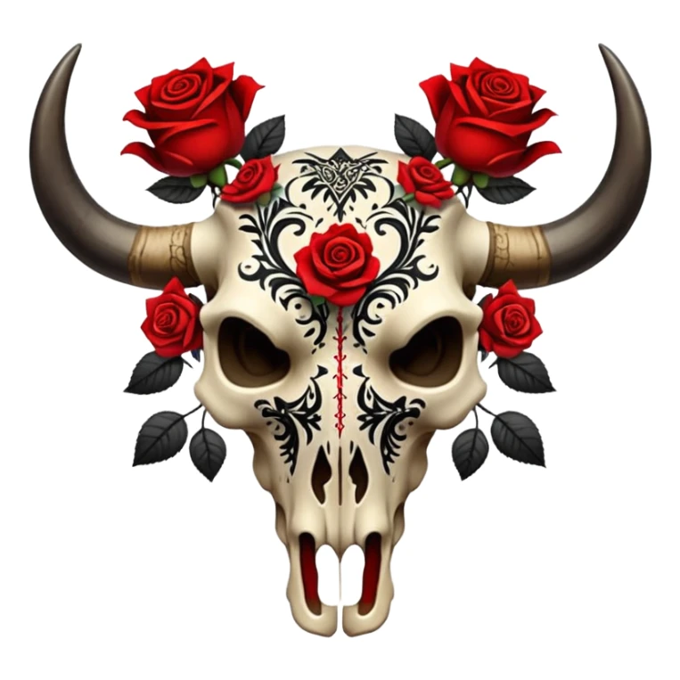 Bull skull with red roses and black intricate patterns sticker
