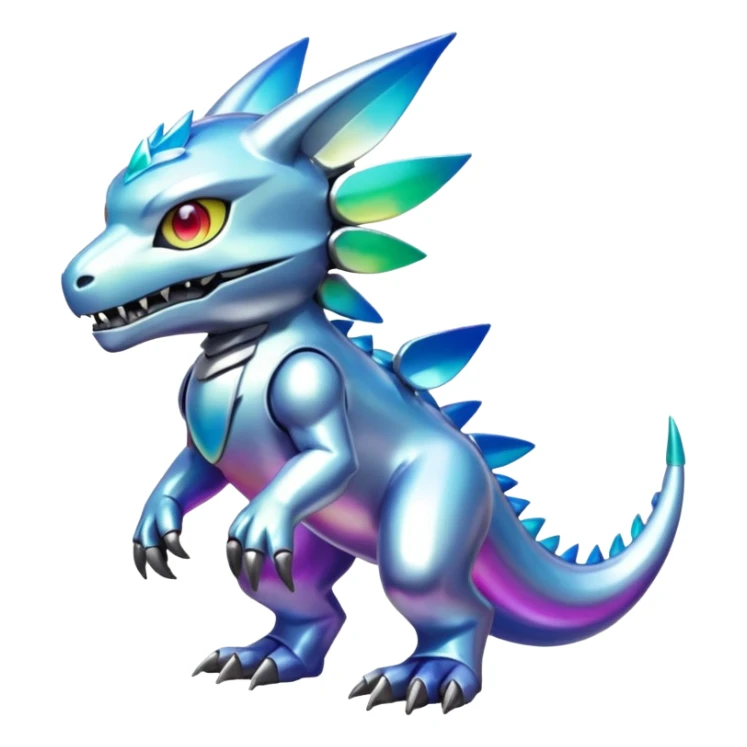 white iridescent colorful metallic alloy gradient shiny glossy Fakémon-Digimon-creature-hybrid (full body) sticker