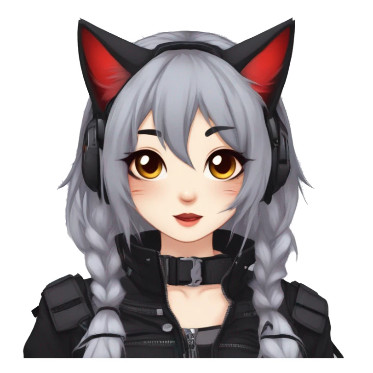 Gorgeous gothic dark techwear anime style anthro cat furry sona with blushing face aesthetic and pretty edgy black red punk messy ponytail hair with collar and harness trending style sticker