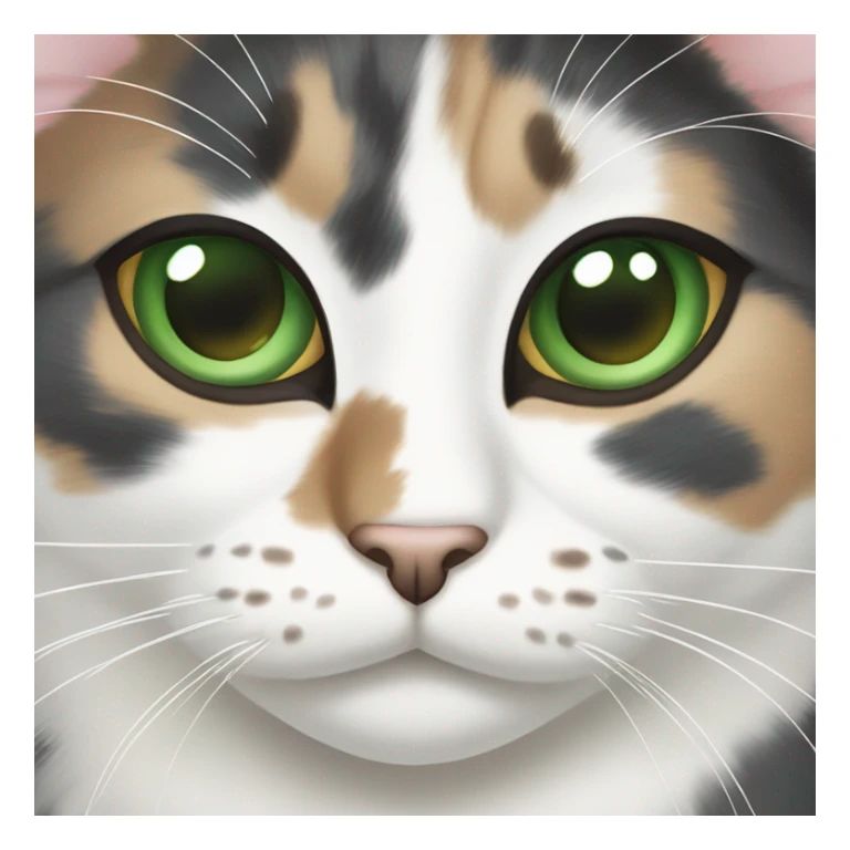 Dilute calico cat with green eyes and a speckled nose sticker