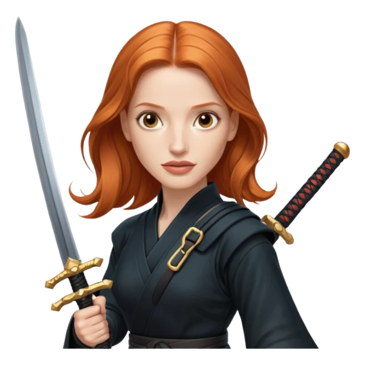 Jessica Chastain, in a ninja position with big swords sticker
