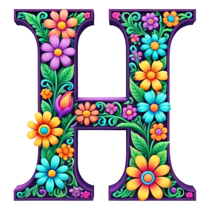 3D, gothic style psychedelic colored capital Letter L with hippie style flower border sticker