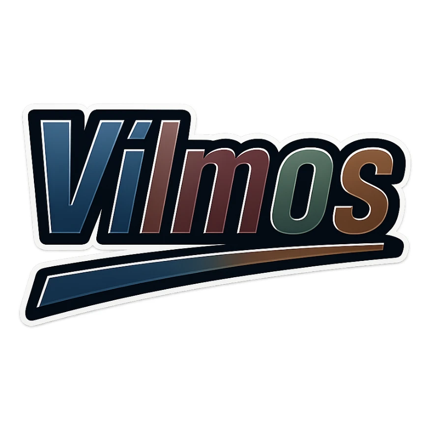 Vilmos name in masculine, modern, gradient font with precise Hungarian characters, dark outline, extra thick, prominent white border as in reference images, dynamic slanted underline, masculine color shades (blue, gray, burgundy, green, brown), 1000x1000 px, PNG, transparent background sticker