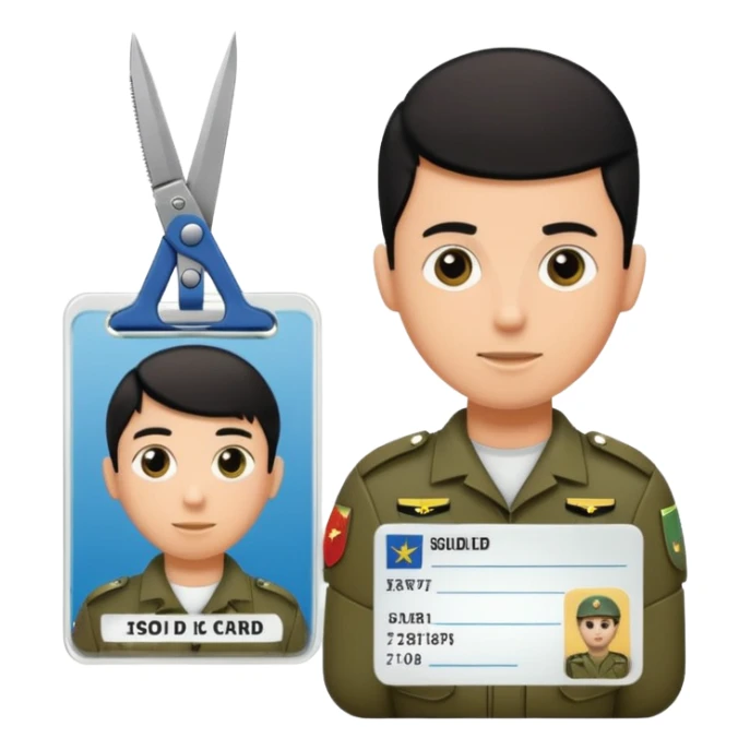 Floating black Scissors cutting an idf soldier ID card in 2 parts .hyper realistic sticker