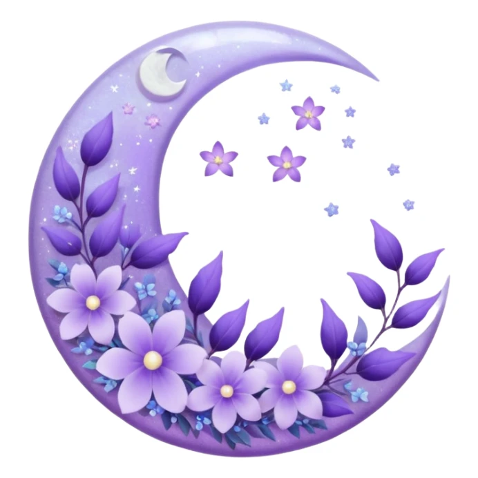 Beautiful poetic ethereal romantic magical aesthetic sparkly glittery shiny pretty floating pastel lilac lavender Violet moon and flowers and leaves aesthetic deco sticker