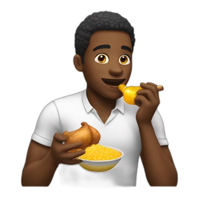 Black man eating chicken with a honey bottle sticker