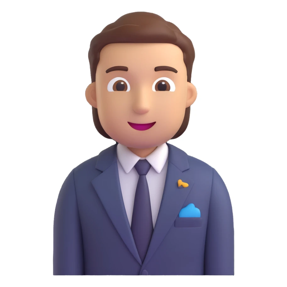 Turn this man in a suit and tie into a 3D emoji style illustration with soft shading, friendly expression, and light background. sticker