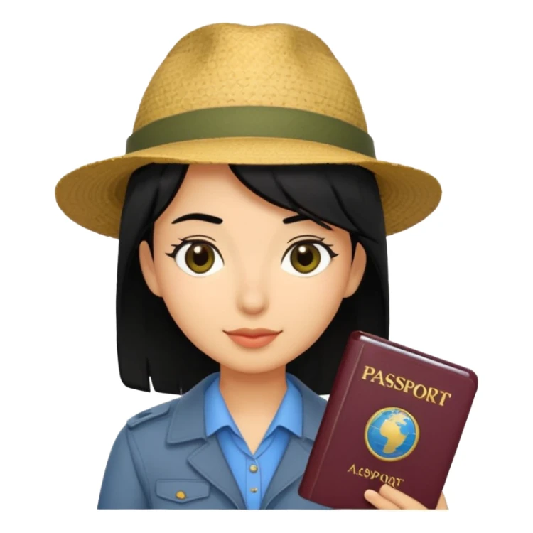 black haired Traveler character with passport sticker