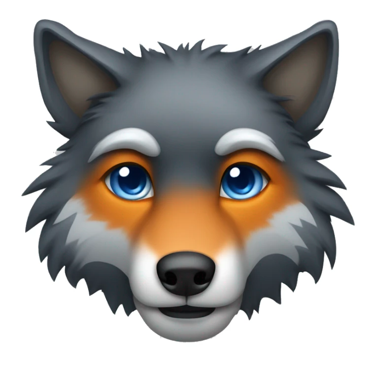 a blacky gray wolf furry head, with right ear orange and left ear blue, right eye blue and left eye orange, sad sticker