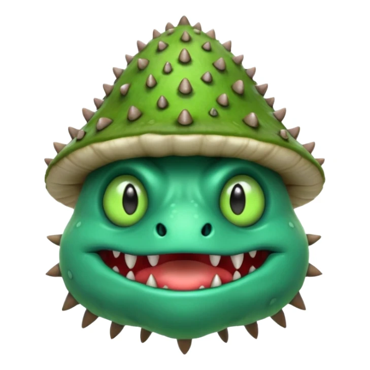 poisonous mushroom monster portrait, head and shoulders only, animal-like creature, mushroom cap head with spikes, toxic green glow, beast-like eyes, furry neck details, monstrous but cute fantasy vibe, 3D cartoon, mobile game icon style, clean background, no text, no watermark

 sticker