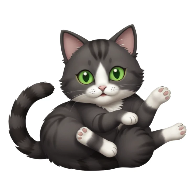 dark grey cat with green eyes, white toes/paws and white patch on her chest playfully rolling upside down sticker
