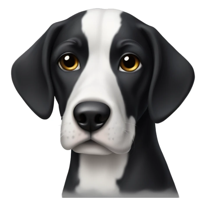 a Geman pointer dog with a dark black coat and white markings (white belly, feet, and tail tip), no black spots on white markings. Head is completely black with small white stain on the snout above the black nose. sticker