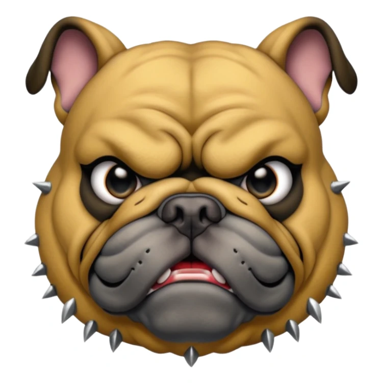 Create a fierce bulldog head emoji facing forward.
Strong jaw, deep wrinkles, and an intense scowl.
slight underbite with two visible fangs.
Blk & Gold gray fur with bold highlights and shading for depth.
Add a thick spiked collar (red or black) with shiny metallic spikes.
 sticker