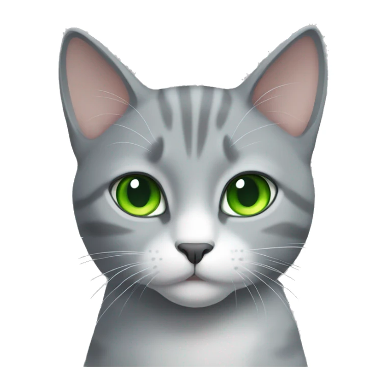 Gray cat with green eyes and white chest sticker