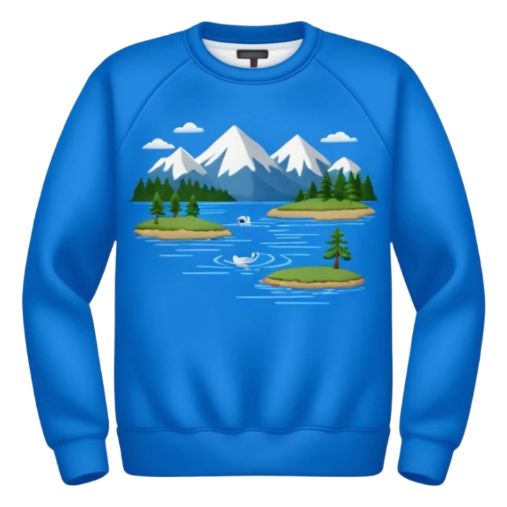 Sweat shirt with embroidered really really really small lake design sticker
