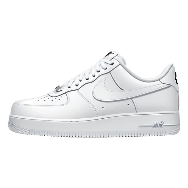 A pair of completely white Nike Air Force 1 sneakers positioned one behind the other, clean design with Nike swoosh sticker
