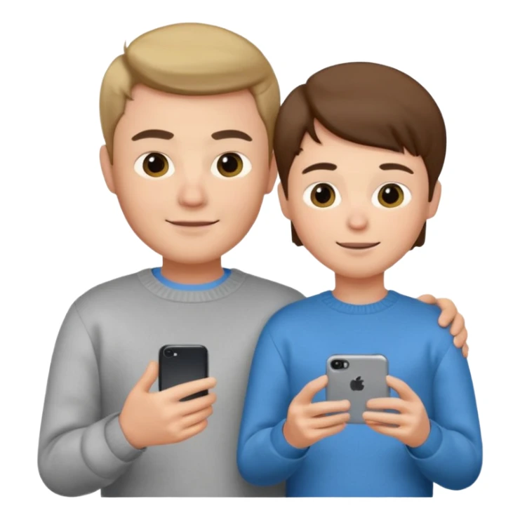 male memoji, young man in sweater, holding phone with ‘mom’ on screen, innocent smile, simple casual look sticker