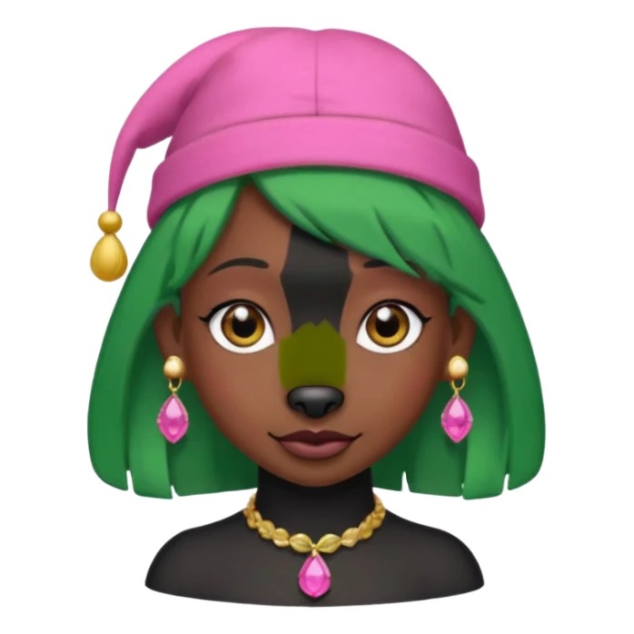 green haired fully black dog with big earrings and pink hat sticker