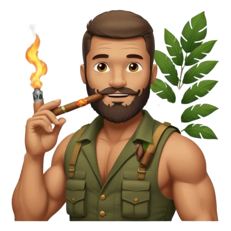 brauny vested bearded jungle commando smoking a cigar with a grin sticker