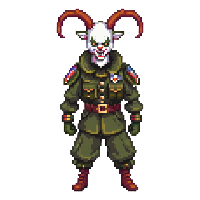 evil clown soldier, bald, short goat horns on forehead, fangs, pointed ears, black and military green clothes, fighting stance sticker