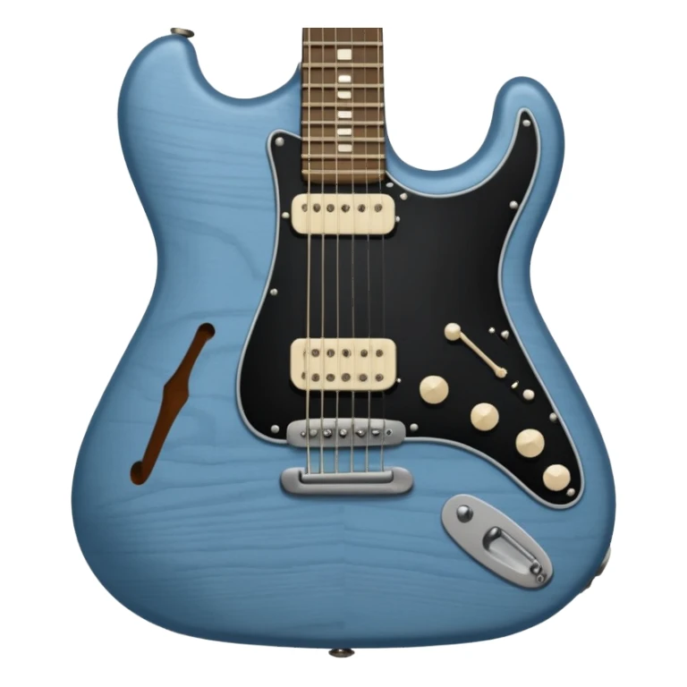 A gray-blue electric guitar with a black pick guard and only one volume knob  sticker