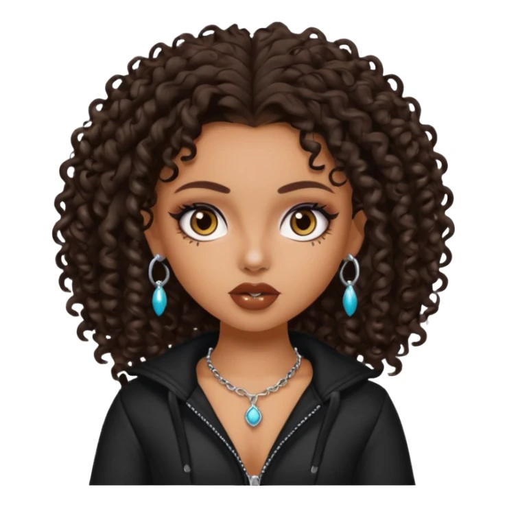 pretty bratz baddie, dark brown curly head, tan skin, nose piercing sticker