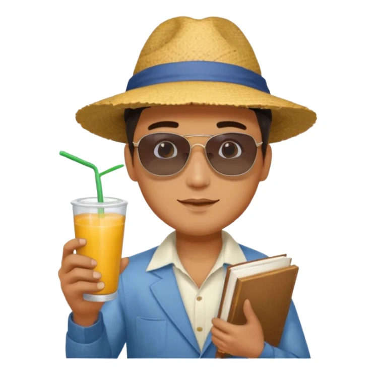 man holding book and mango drink sticker