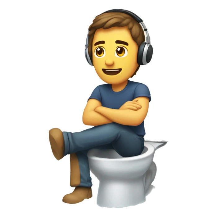 Man sitting toilet wearing headset, brown hair, water sticker