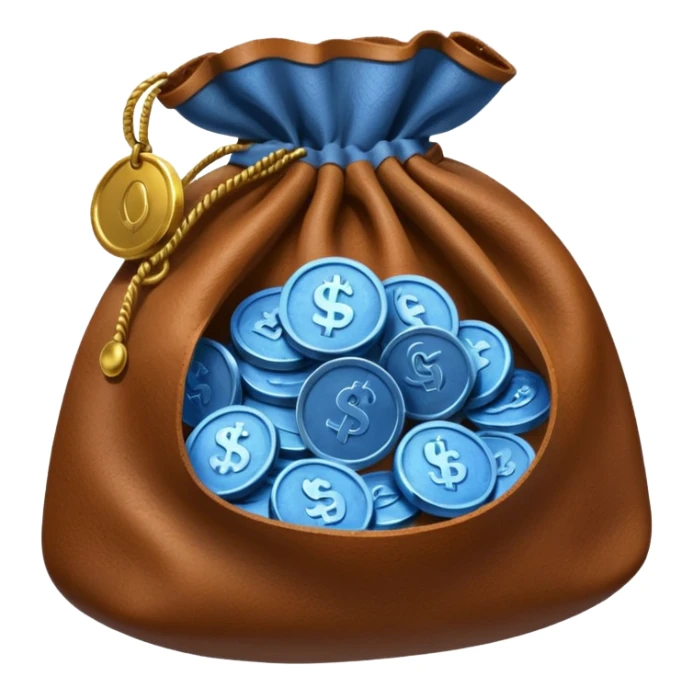 blue coins inside an opened brown money bag  sticker
