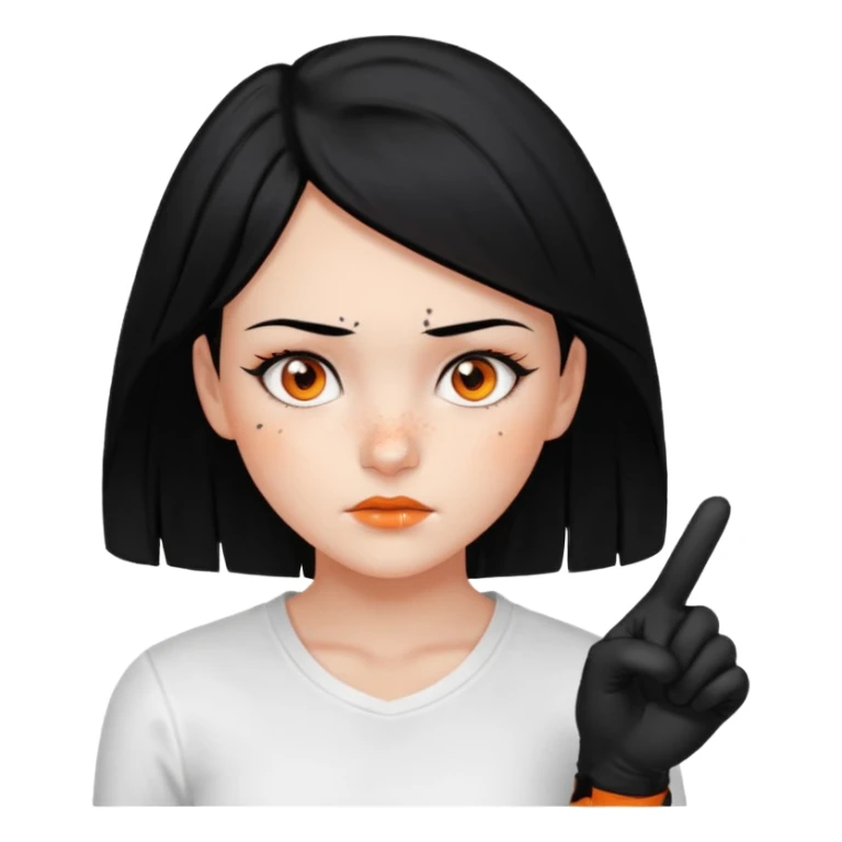 Girl with Black hair , scars on her nose to her left cheeks,orange eyes, withe shirt, pointing at you , with black gloves  sticker