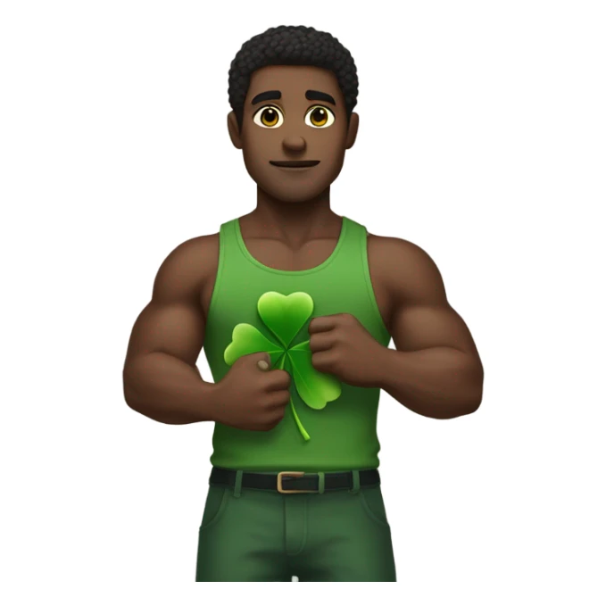 Darkskinned man with muscles holding 4 leaf clover sticker