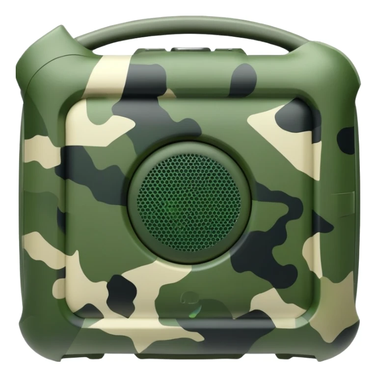 Extremely minimalist JBL Clip 4, basic geometric shape with just 2-3 green camouflage spots, iOS emoji style sticker