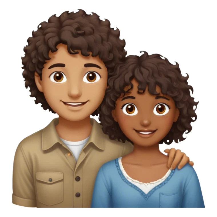 chico rubio, caucásico, ojos marrones, pelo lizo corto estilo messy fringe, sonriente, y una chica morena de piel, pelo rizado largo, sonriente sticker