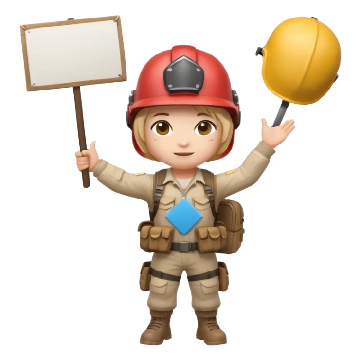 Create a cute emoji-style PUBG Mobile character, chibi version with helmet and backpack, standing in victory pose, holding a blank white sign or paper sheet in both hands in front of chest, ready for text, clean white background, simple emoji design” sticker