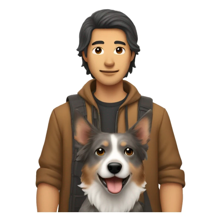 Long haired Asian man holding brown/grey Australian cattle dog  sticker