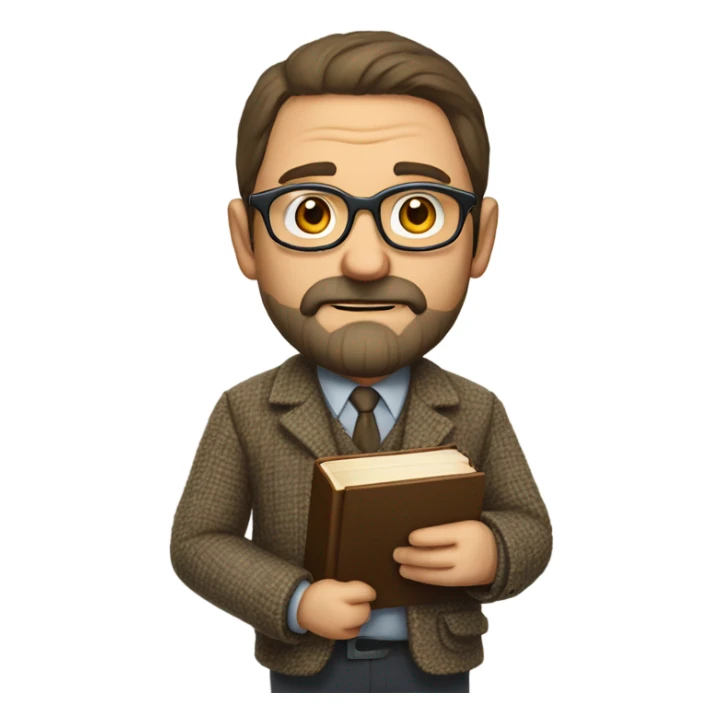 "A middle-aged man with brown hair, a beard, and round glasses. He has a serious, regretful expression, wears a tweed jacket, and holds a book or chalk." sticker