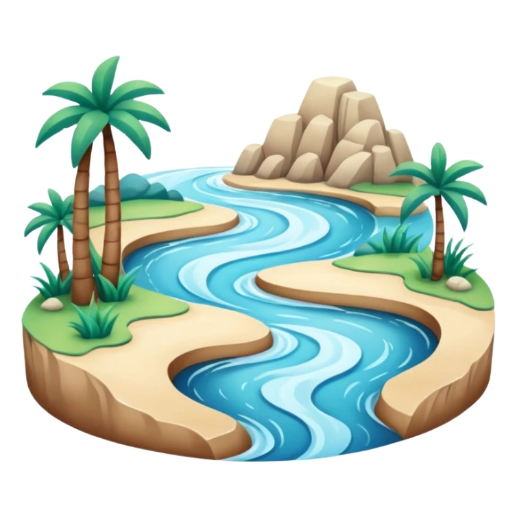 A 3D cartoon estuary where a river flows into the ocean, visible water color blend, soft natural lighting, Memoji-style. sticker