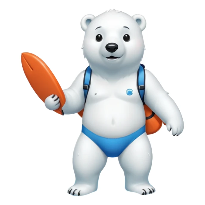 full body friendly anthropomorphised polar bear wearing swim suit with board shorts below the knee and scuba goggles, holding a life buoy, standing in a puddle sticker
