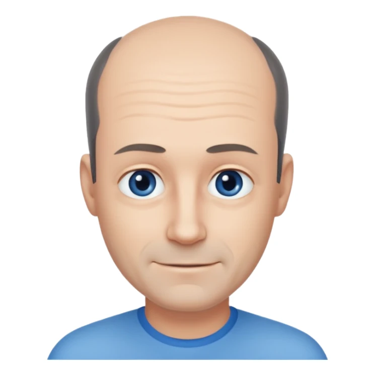 Middle aged man with black-greyish receding hairline, small blue eyes, clear face, shy smile sticker